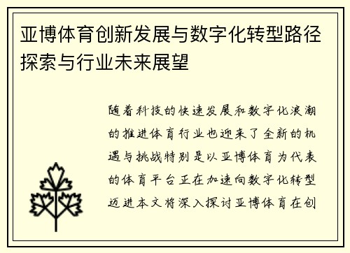 亚博体育创新发展与数字化转型路径探索与行业未来展望