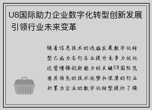 U8国际助力企业数字化转型创新发展 引领行业未来变革